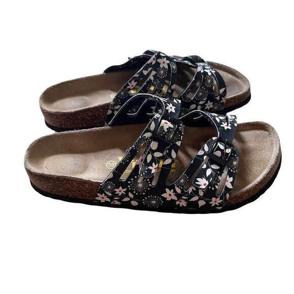 Viking Black White Floral Buckle Cut Out "Brama" Cork Birkenstock Style Sandal‎ - Picture 2 of 10